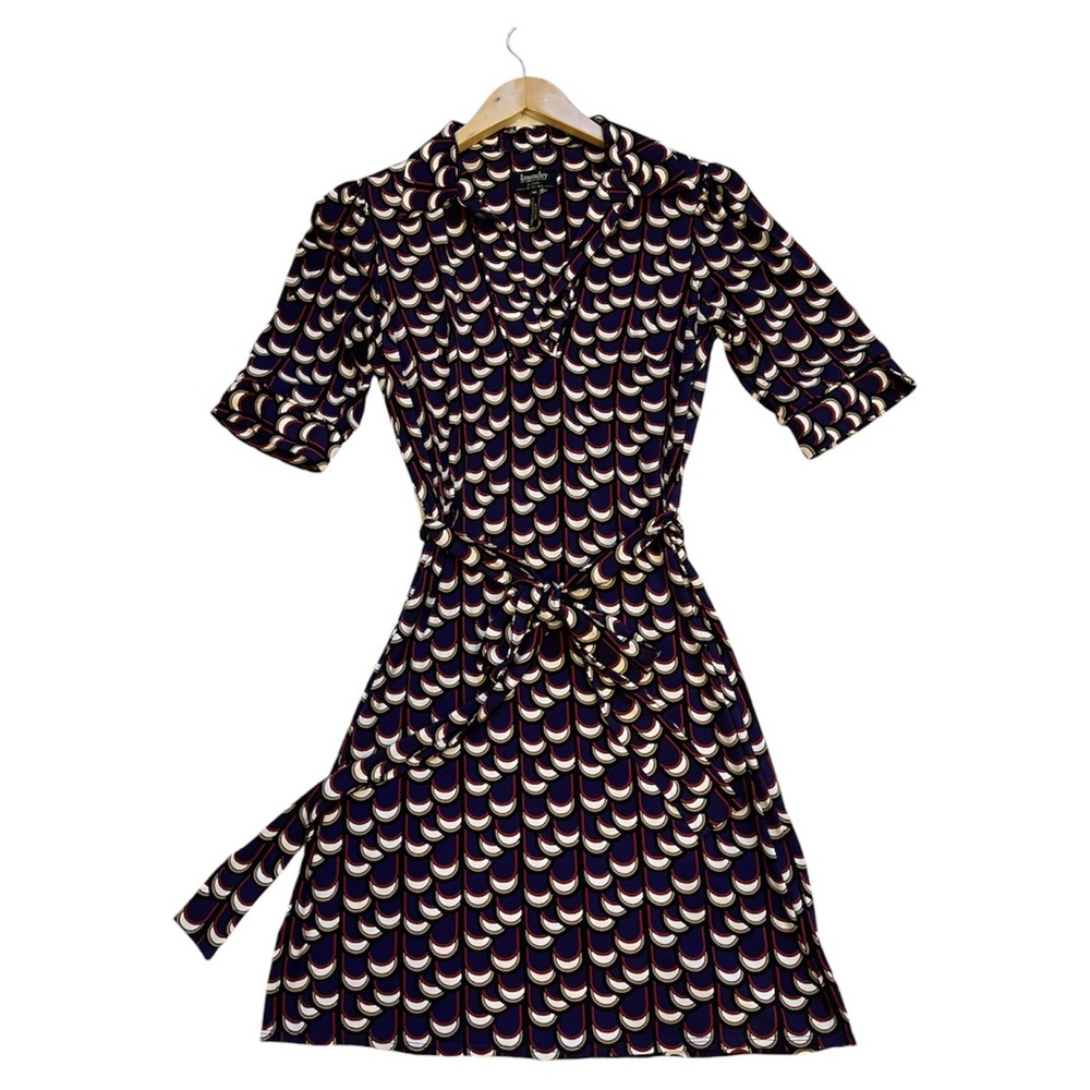 LAUNDRY BY SHELLI SEGAL dress tie waist stretch purple navy blue collar vneck